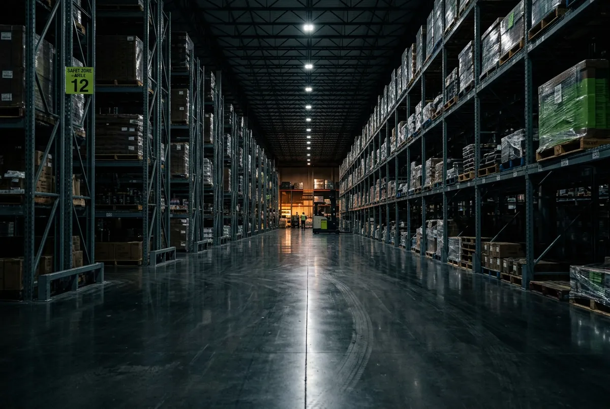Desaturated logistics warehouse and retail distribution hub with high-gloss polished epoxy concrete flooring