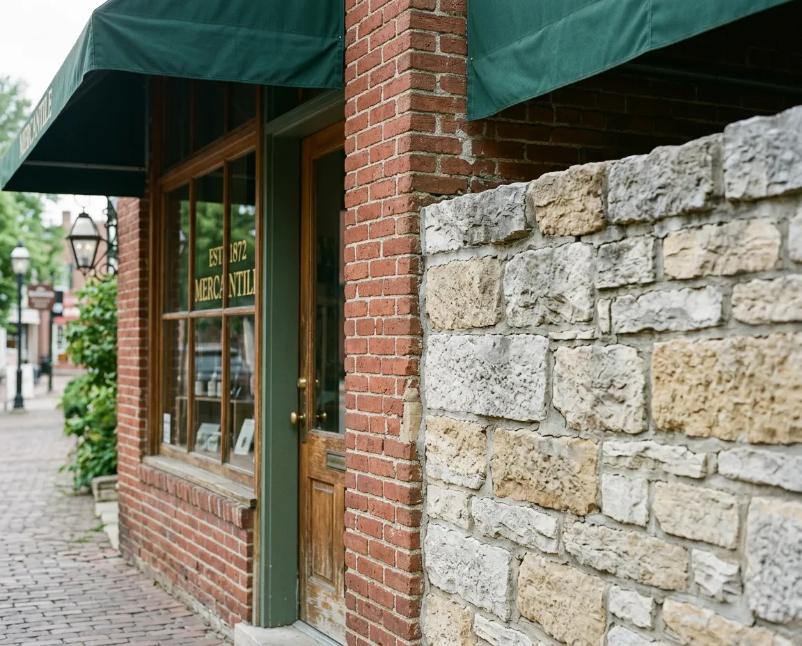 Historic brick storefront and hand-laid limestone fence in Kentucky horse country