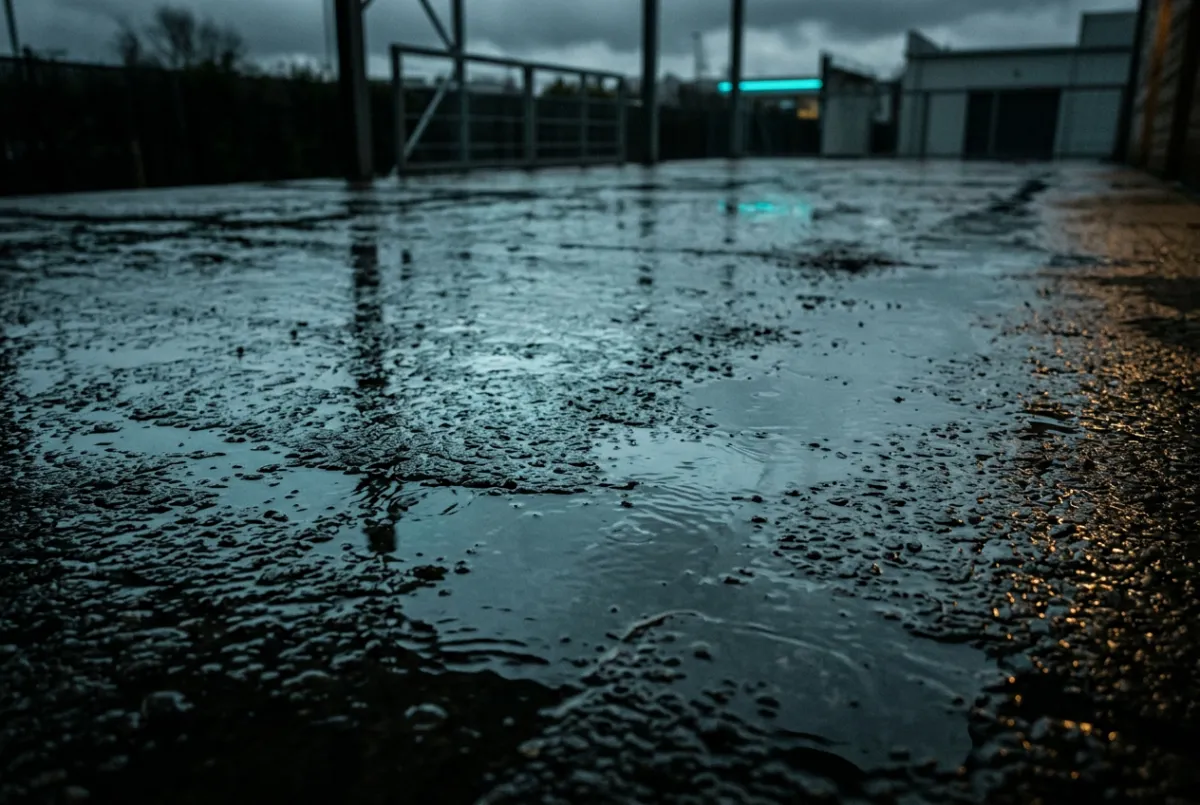 Slick unsealed wet concrete patio creating slip and fall hazards