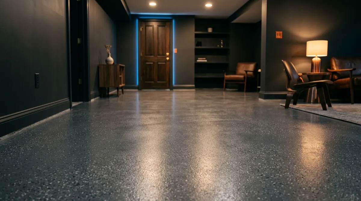 Finished basement epoxy floor with smooth waterproof polymer coating