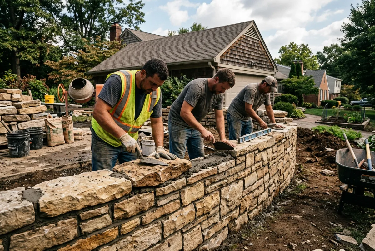 Dedicated Louisville masonry crew working on local residential retaining wall