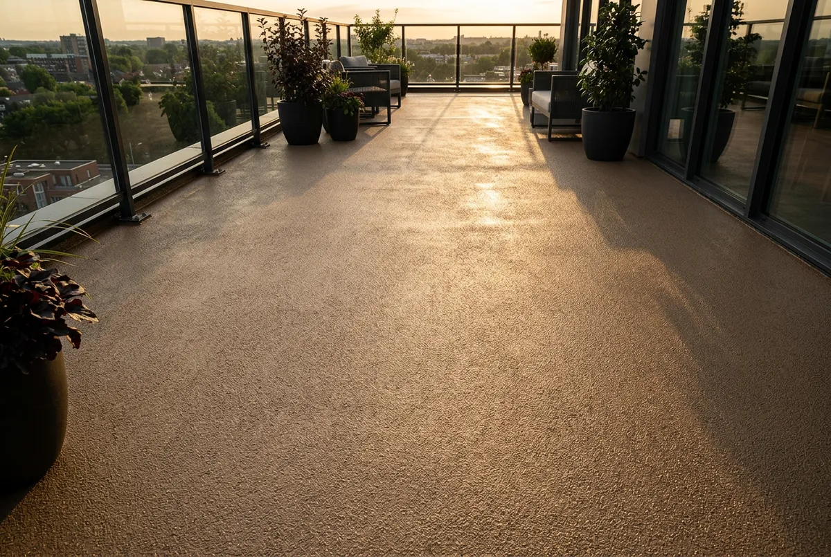 UV-stable slip resistant concrete patio coating on outdoor residential terrace