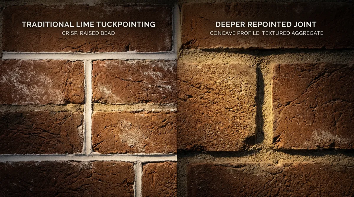 Close-up comparison of traditional lime mortar tuckpointing versus deep joint repointing