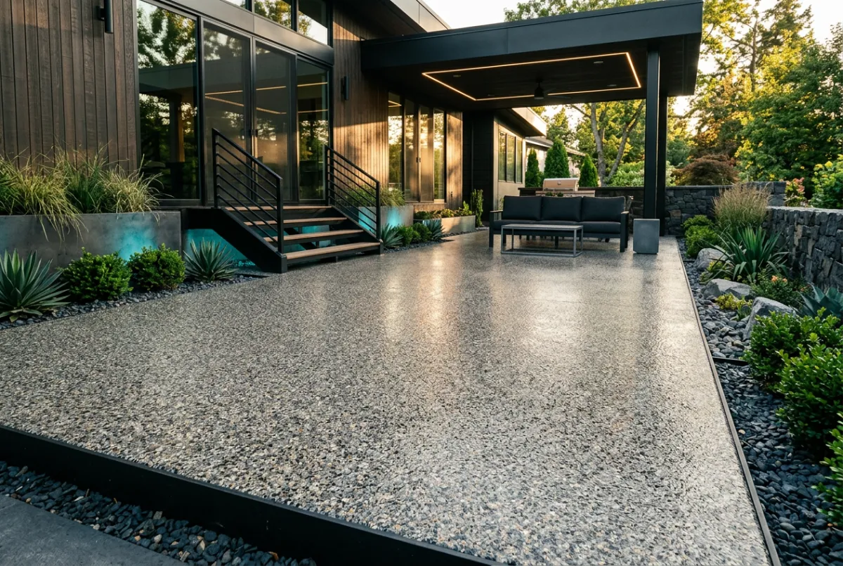 Coated outdoor concrete patio space with custom flake finish