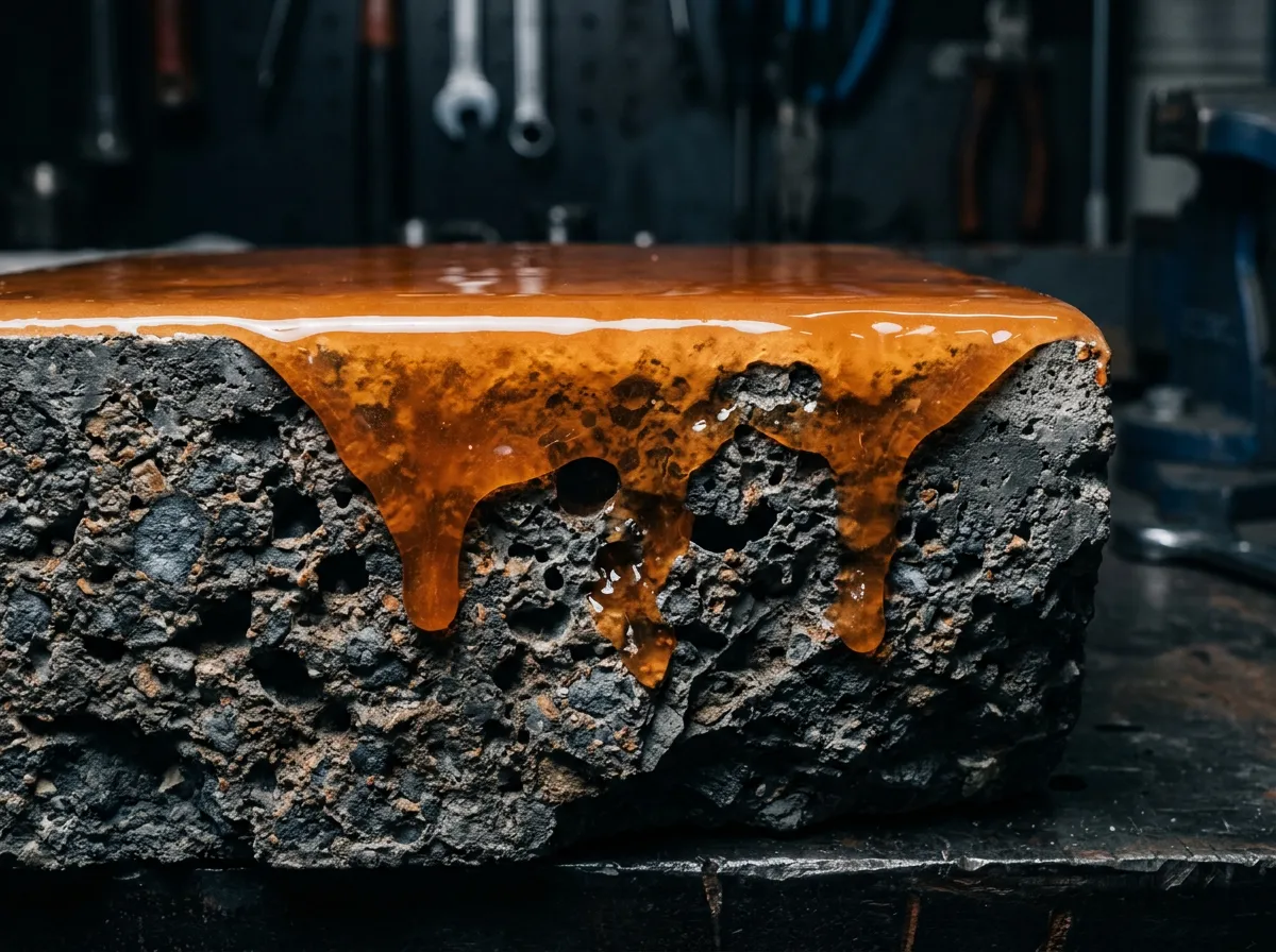 Macro cross-section diagram of pure industrial epoxy penetrating into concrete pores