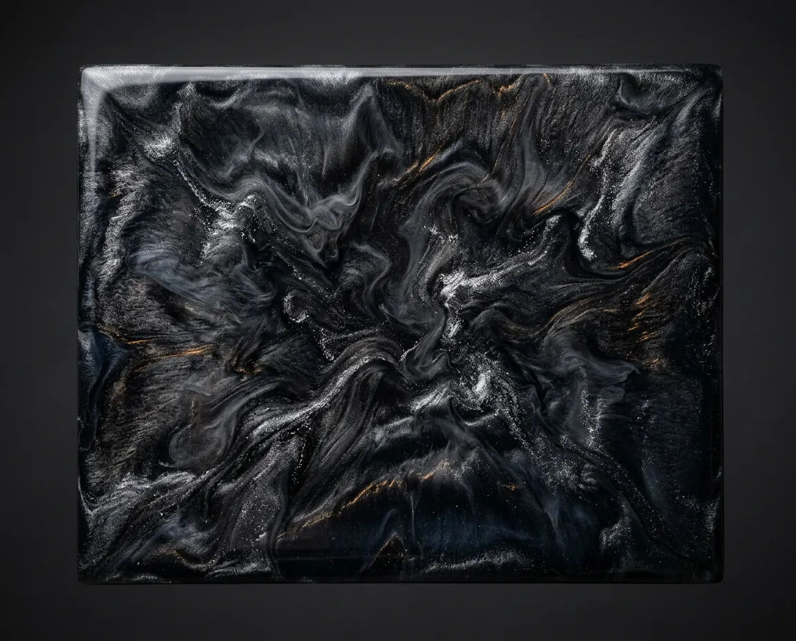 Macro high-resolution texture of Black and Gray metallic epoxy pour with smoky obsidian depth