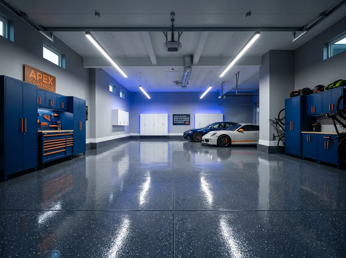 Spacious three car tandem garage with high gloss polyaspartic topcoat and clean stem walls