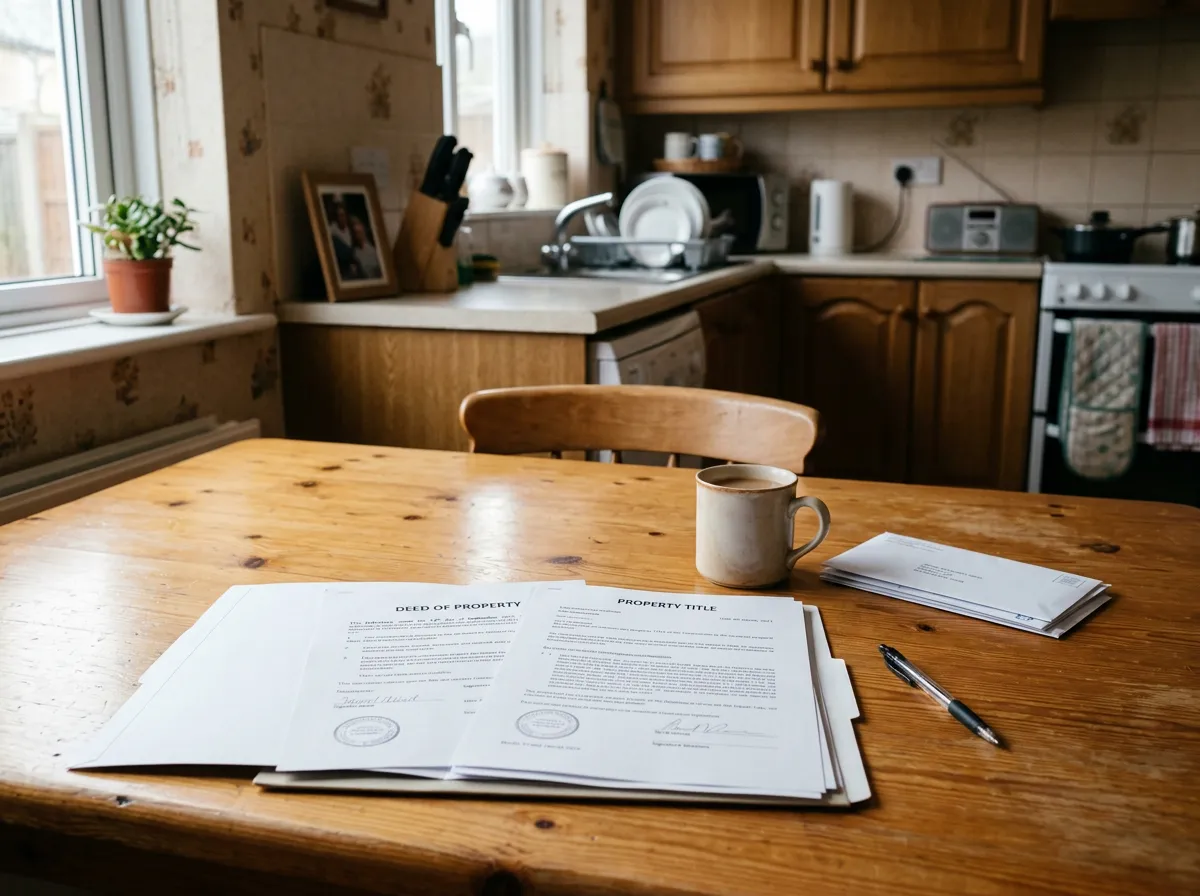 Kitchen table in a modest home with property paperwork and documents laid out, calm cool-toned natural light