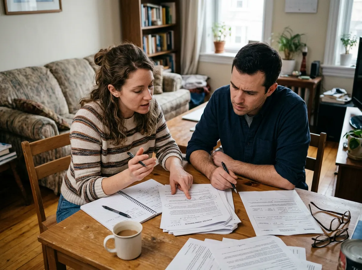Two everyday people reviewing property paperwork at a simple table in a modest home, cool neutral lighting, calm and respectful mood