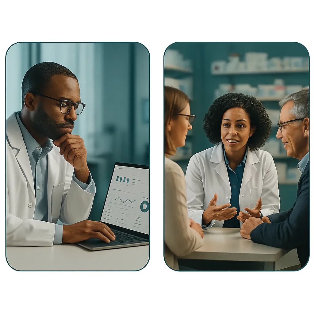 Profesionales farmacéuticos colaborando en estrategia de negocio