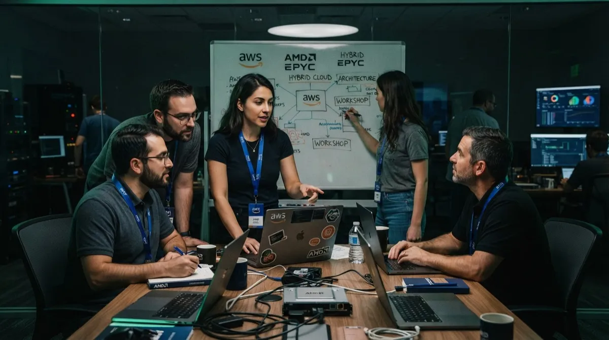 Engineers and developers collaborating during an interactive AWS and AMD immersion day technical lab