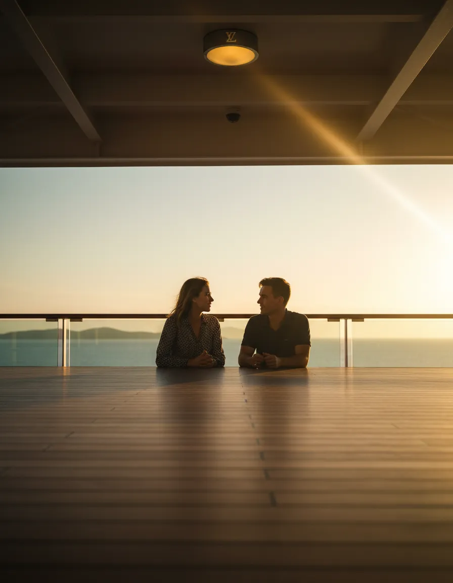 People engaged in deep conversation over the ocean