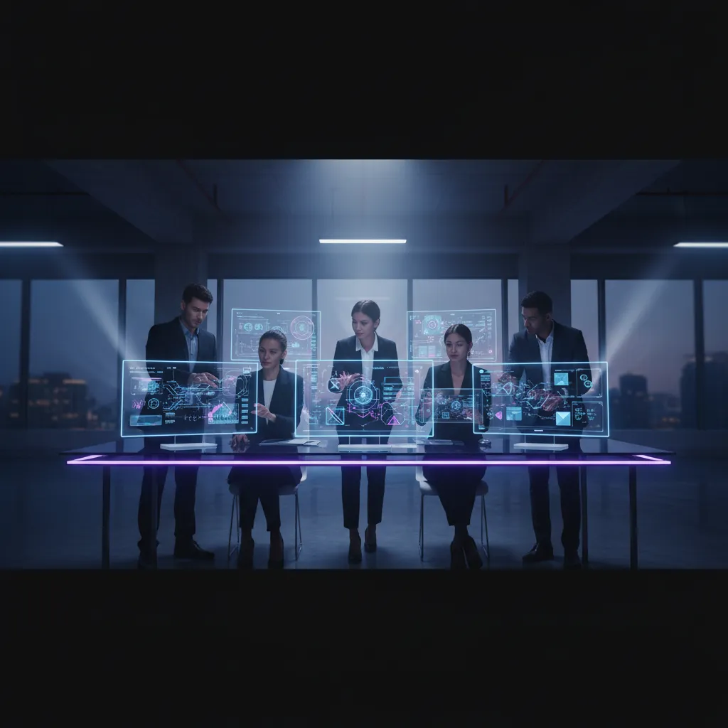 Technical team working in a high-tech modern workspace with AI systems