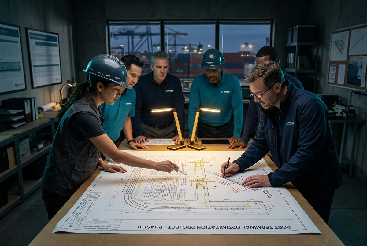 Galveston maritime commerce leaders and port logistics engineers reviewing terminal blueprints