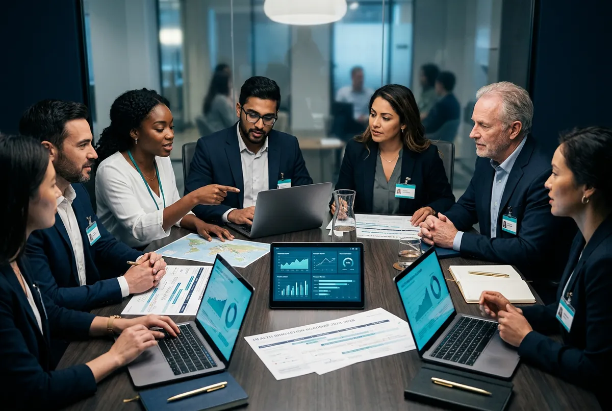 Diverse healthcare researchers and tech entrepreneurs in an executive planning session