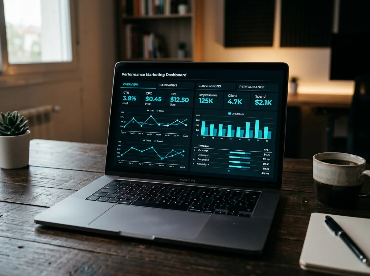 Laptop mostrando panel de performance marketing en dark mode (ejemplo visual)