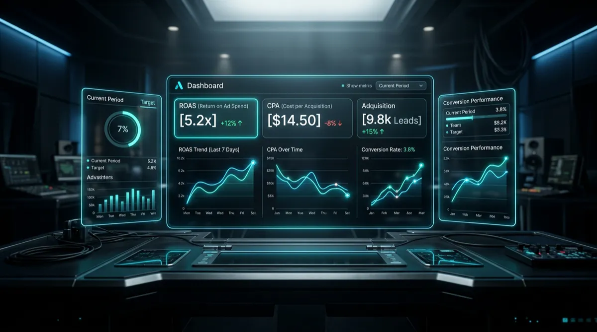 Dashboard tecnológico de alto rendimiento con gráficos de ROAS, CPA y métricas de adquisición en tonos cian y obsidian
