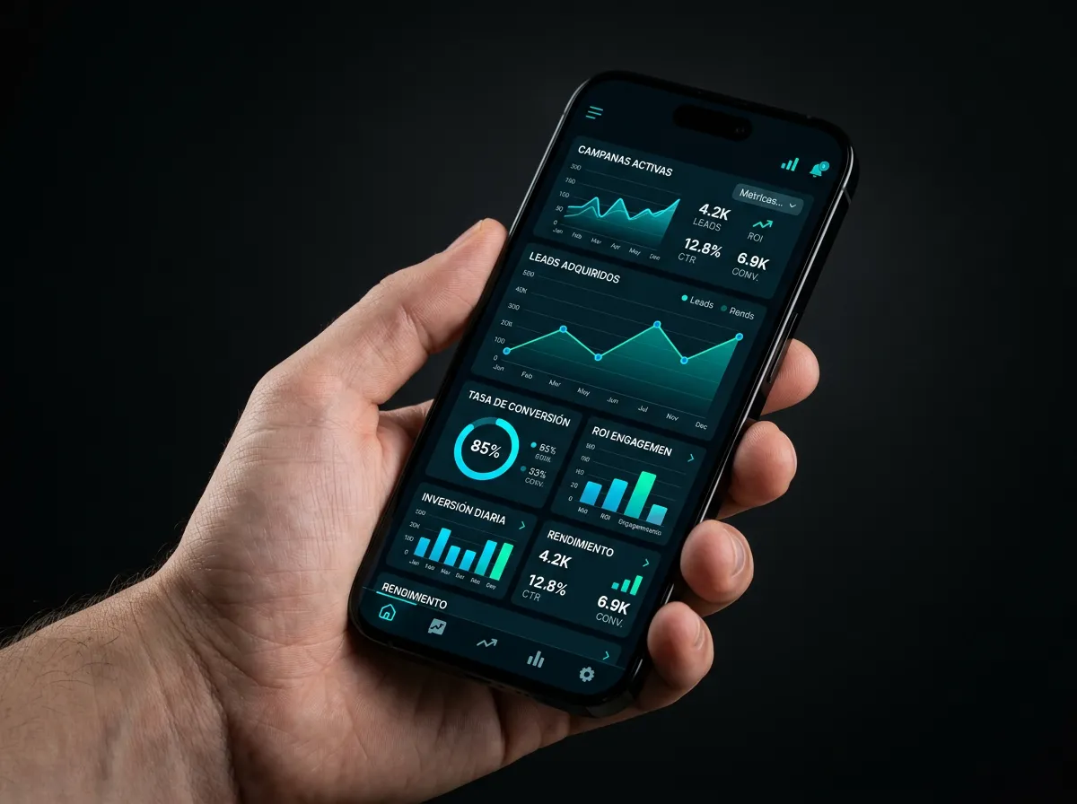 Smartphone mostrando dashboard de campaña en dark mode (ejemplo visual)