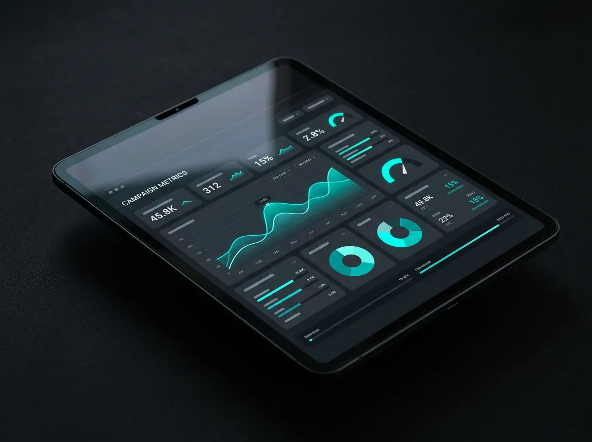 Tablet mostrando métricas de campaña en tiempo real en dark mode (ejemplo visual)