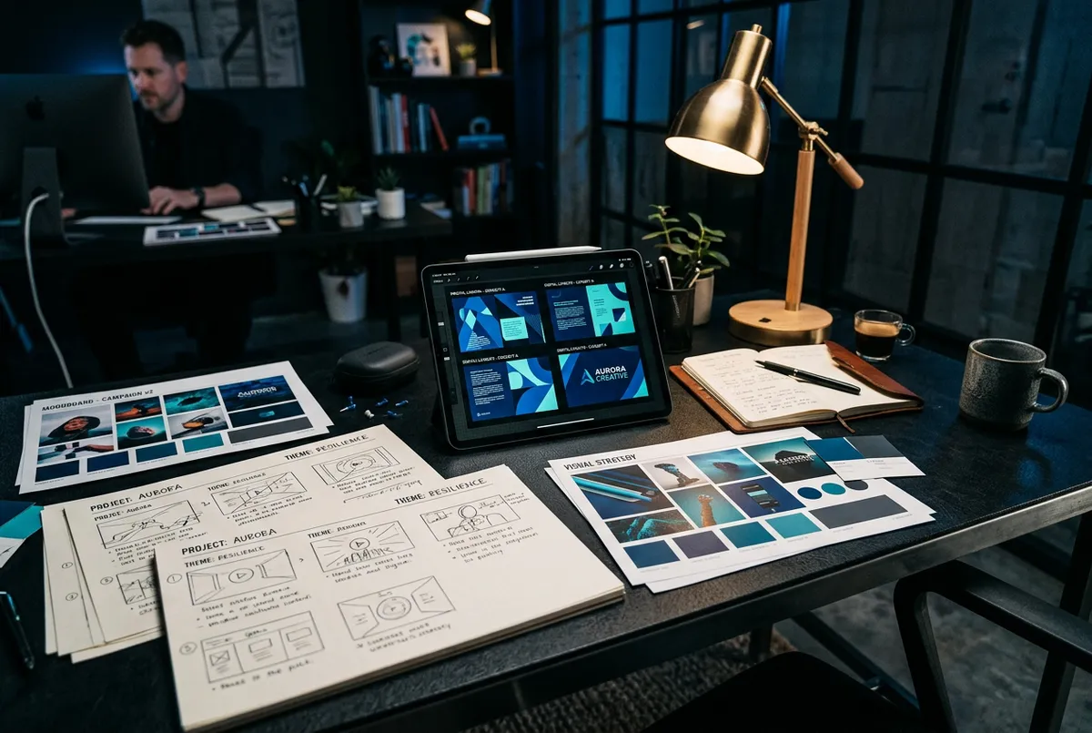 Mesa de trabajo de dirección creativa con storyboards y moodboards