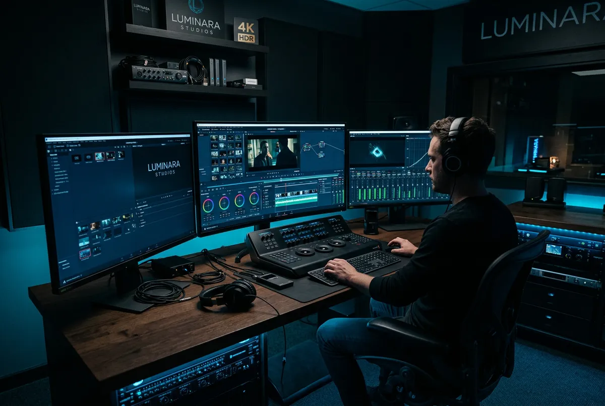 Suite de edición de video y diseño de interfaz digital en monitores profesionales