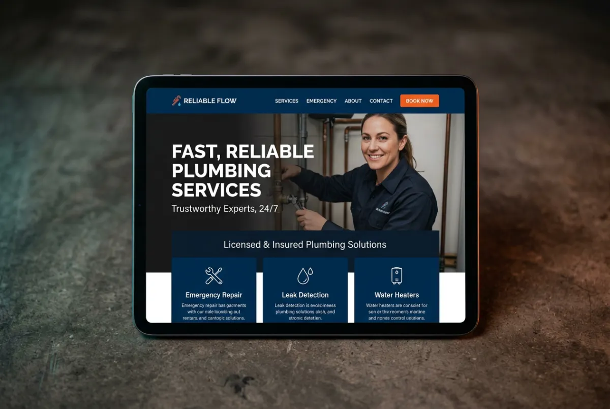 Modern framed website mockup for residential plumbing contractor