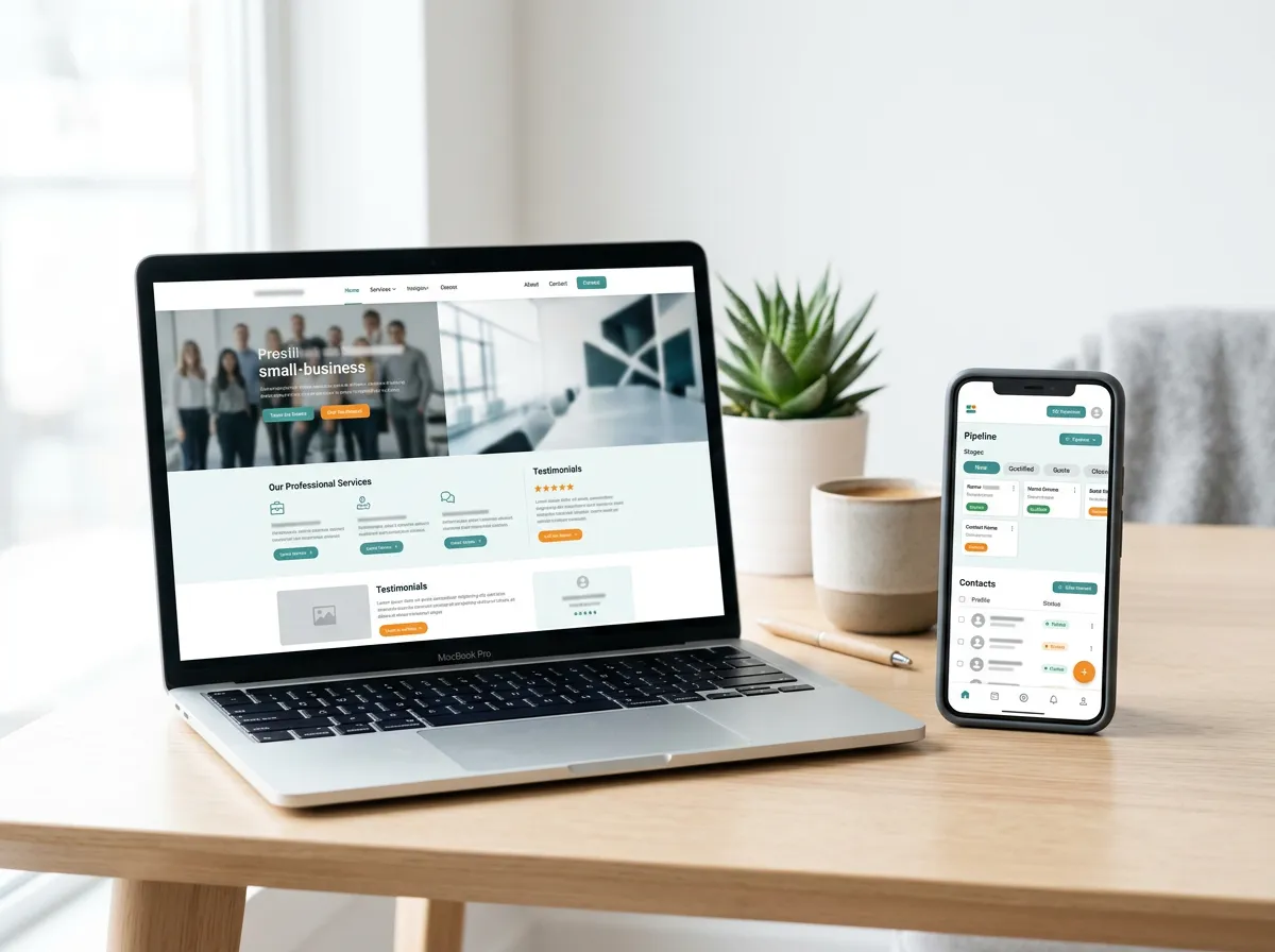Modern website and CRM dashboard mockup on desktop and mobile for a Canadian small business