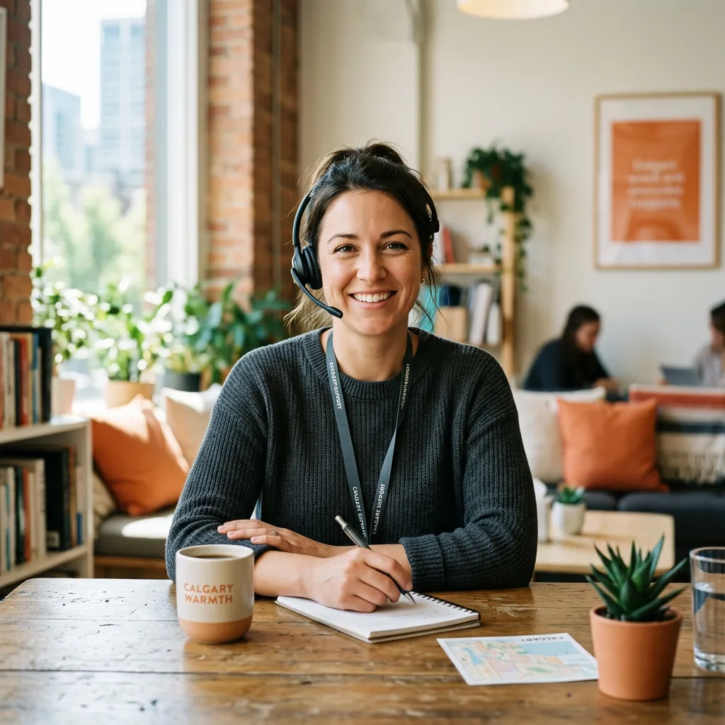 Friendly Calgary support team member on a call ready to help local business owners