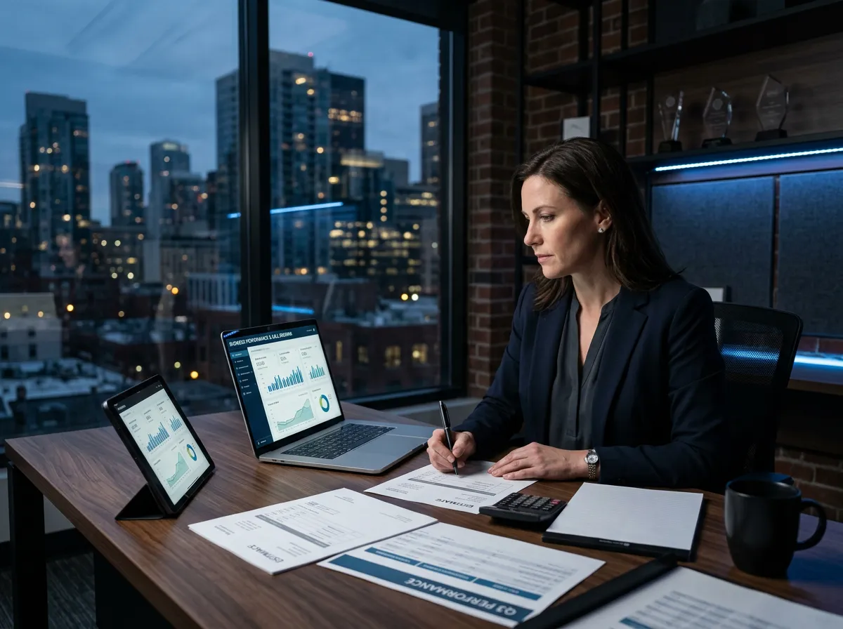 HVAC business owner or manager reviewing business performance metrics in an office