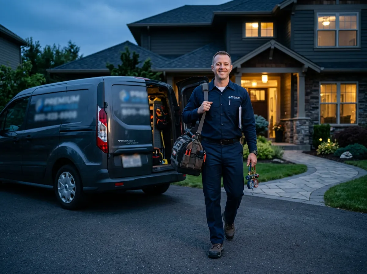 HVAC technician arriving at a residential service job with tools