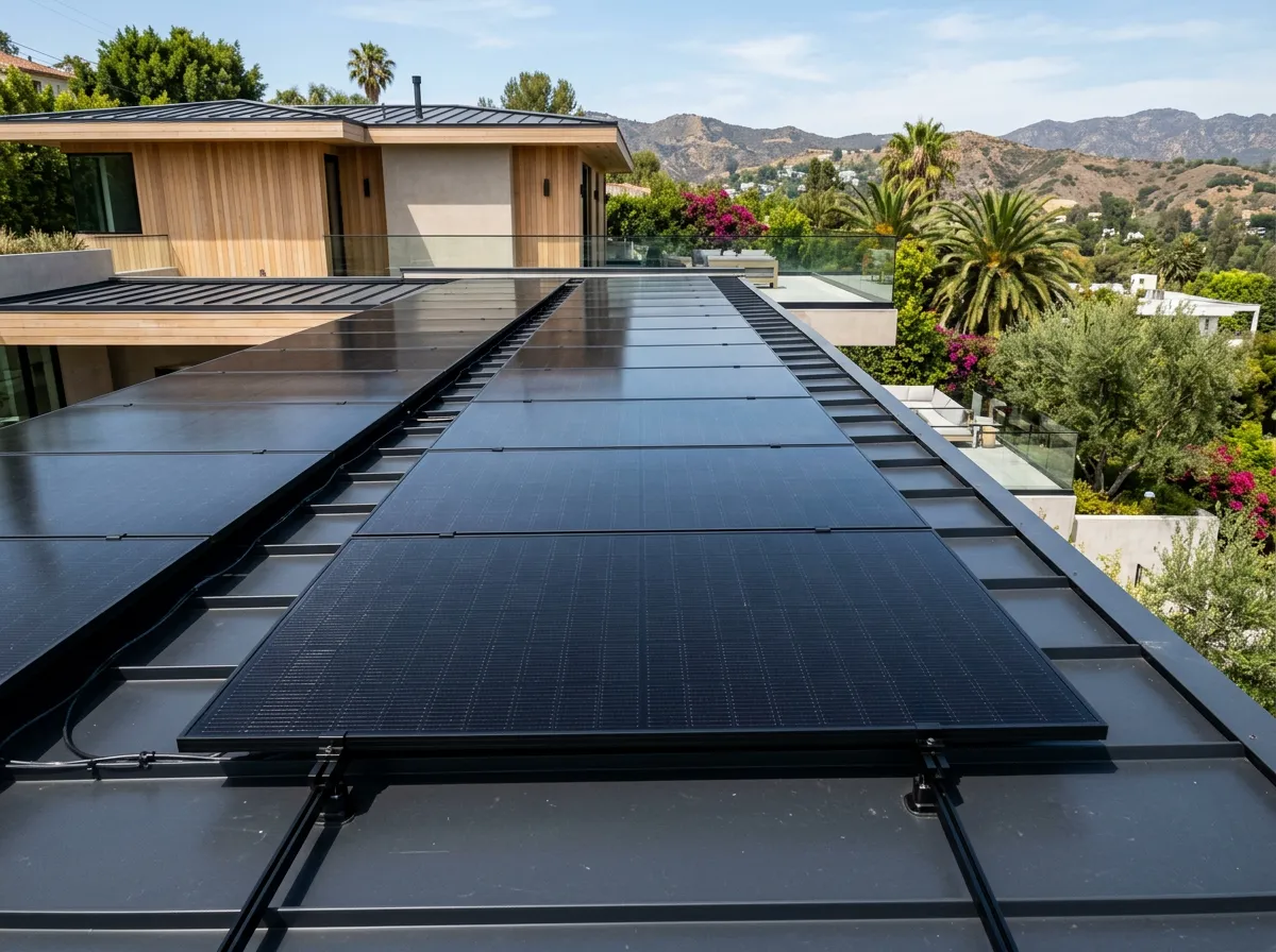 Black-on-black rooftop solar panels (Q CELLS-style) on a Southern California home