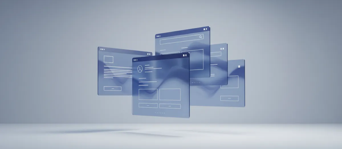 Abstract artistic illustration of layered website screens with cool shadows