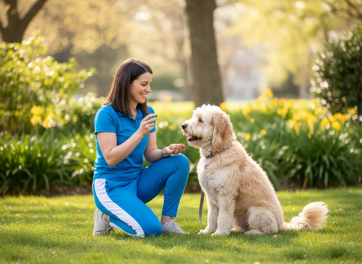 Dog trainer working with a happy dog in the park