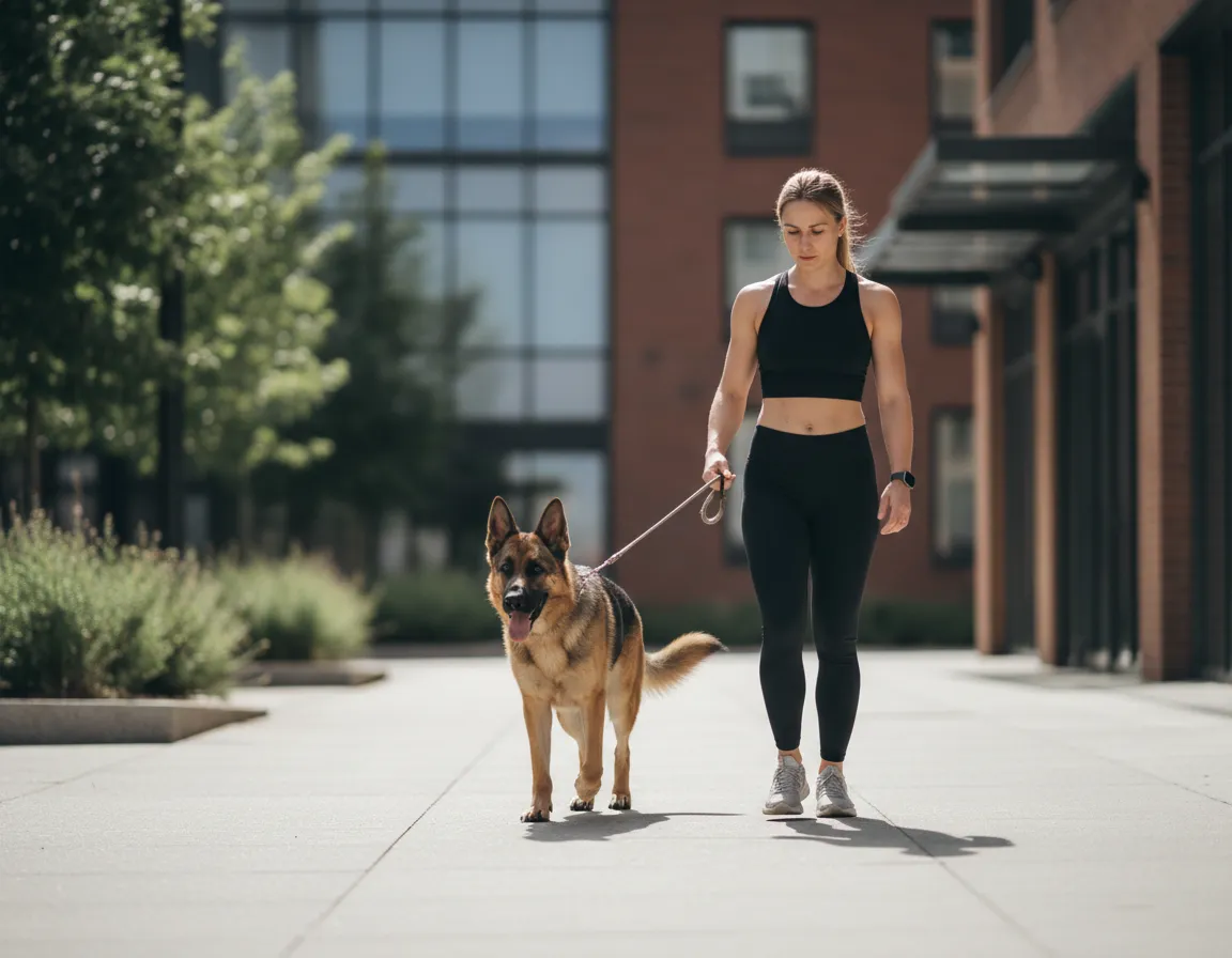 Trainer guiding dog on leash