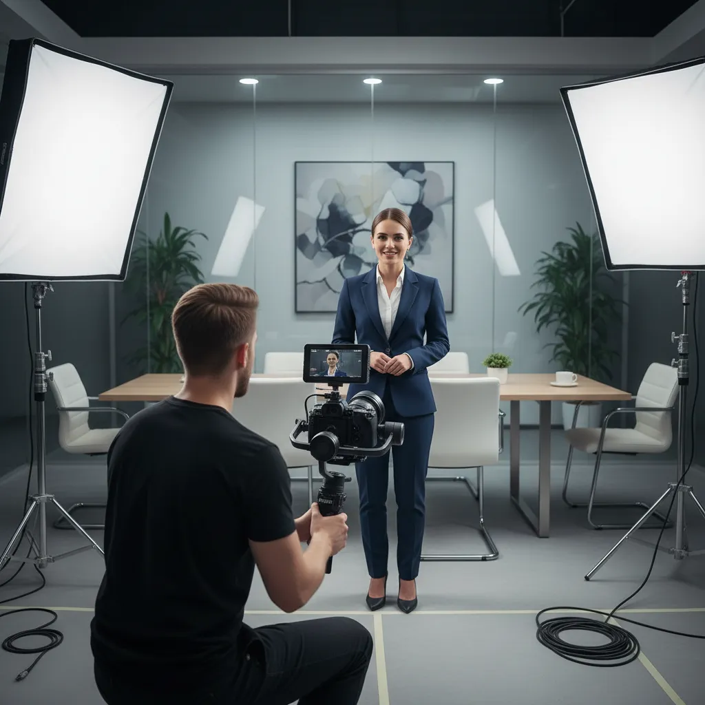 A camera operator, mid-20s, films a business spokesperson on set, with softbox lights and a gimbal-mounted camera. The background shows a modern office set, and the focus is on the technical expertise and energy of the production process.