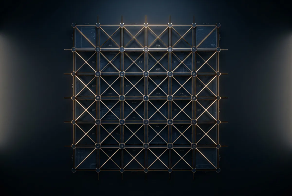 Desaturated gold overlay of precision architectural drafting instruments and institutional blueprints symbolizing workflow stability
