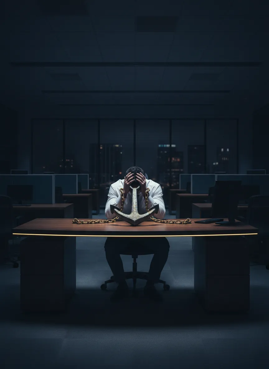 Exhausted corporate worker chained to a desk, atmospheric dark lighting