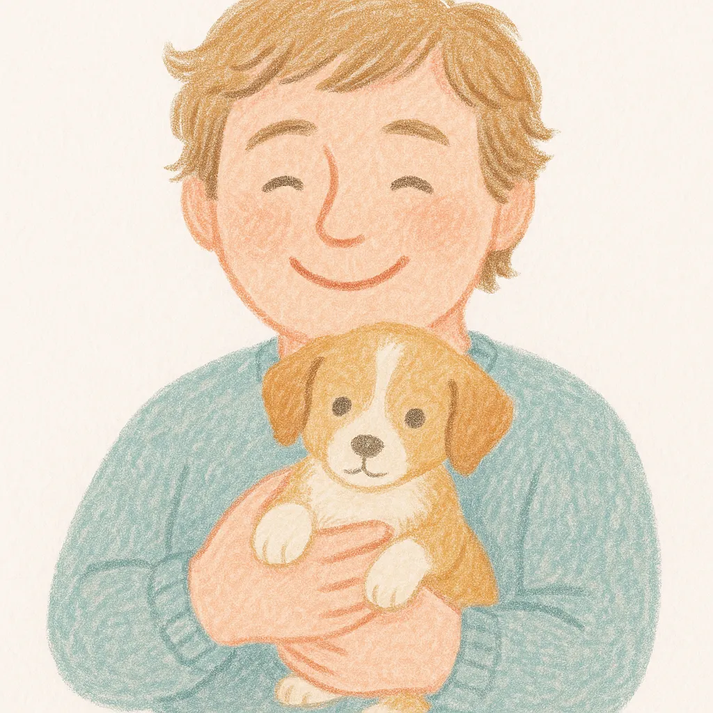 Illustrated portrait of a smiling adult holding a small puppy