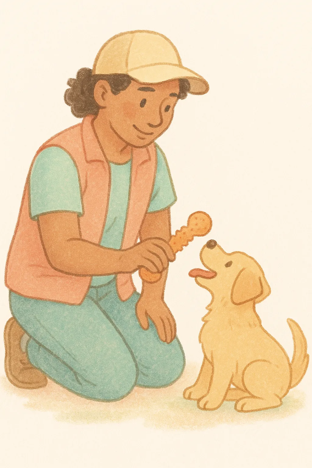 Illustration of a trainer kneeling and offering a playful toy to a puppy in a friendly pastel style, 2:3 portrait.