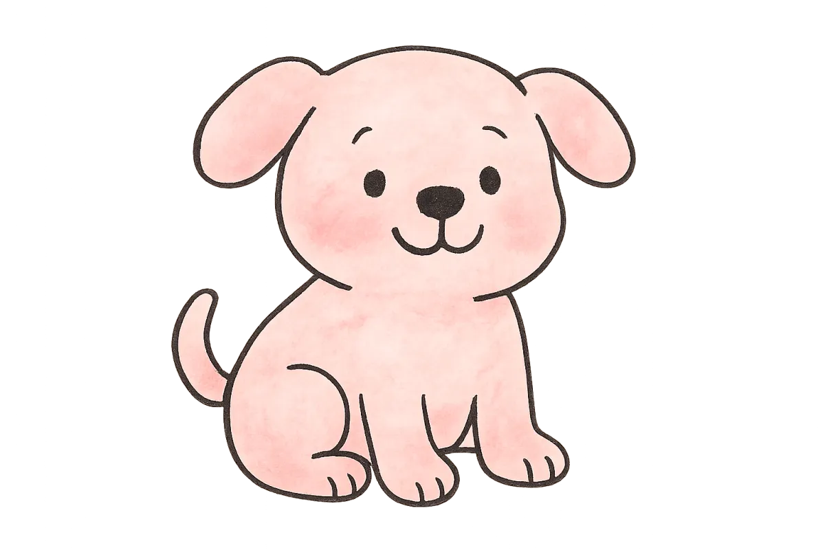Whimsical illustration of a cheerful puppy, hand-drawn with soft pastel accents, transparent background.