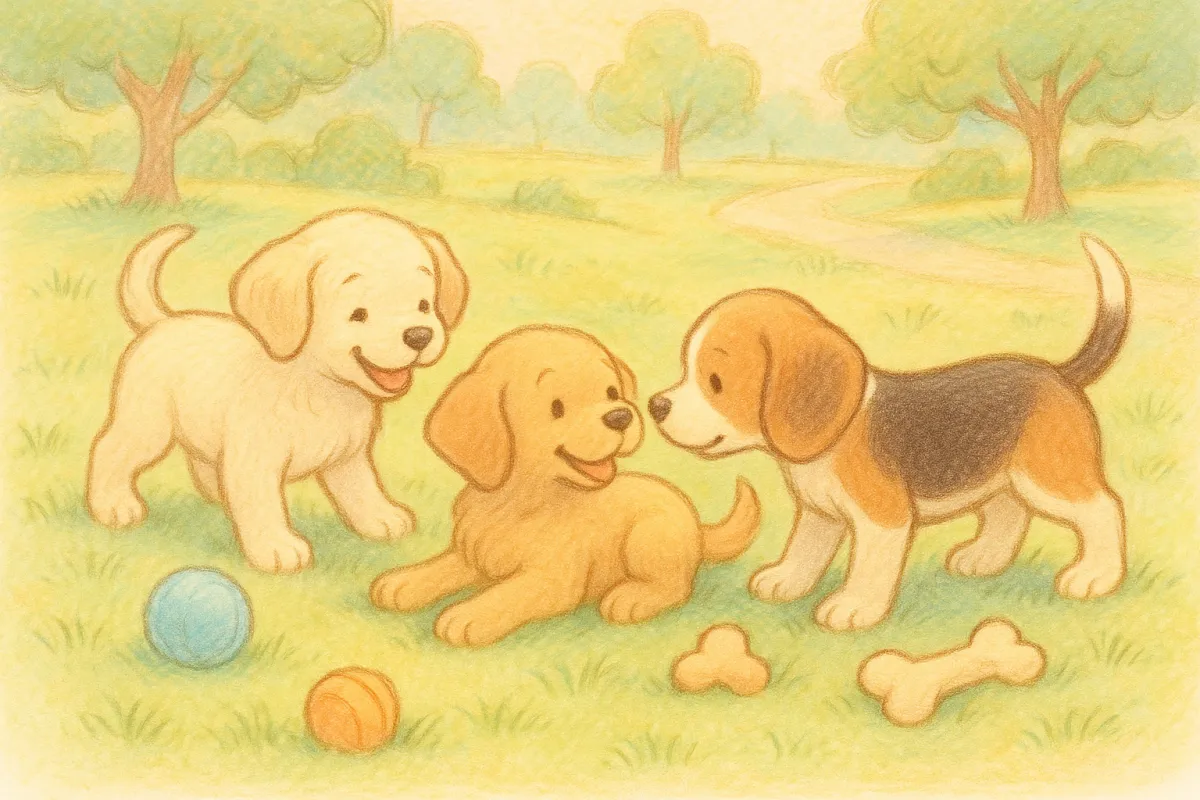 Illustrated scene of three puppies playing calmly in a pastel park with toys and soft grass.