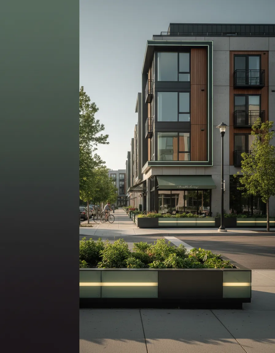 Editorial architectural view of a modern multifamily property