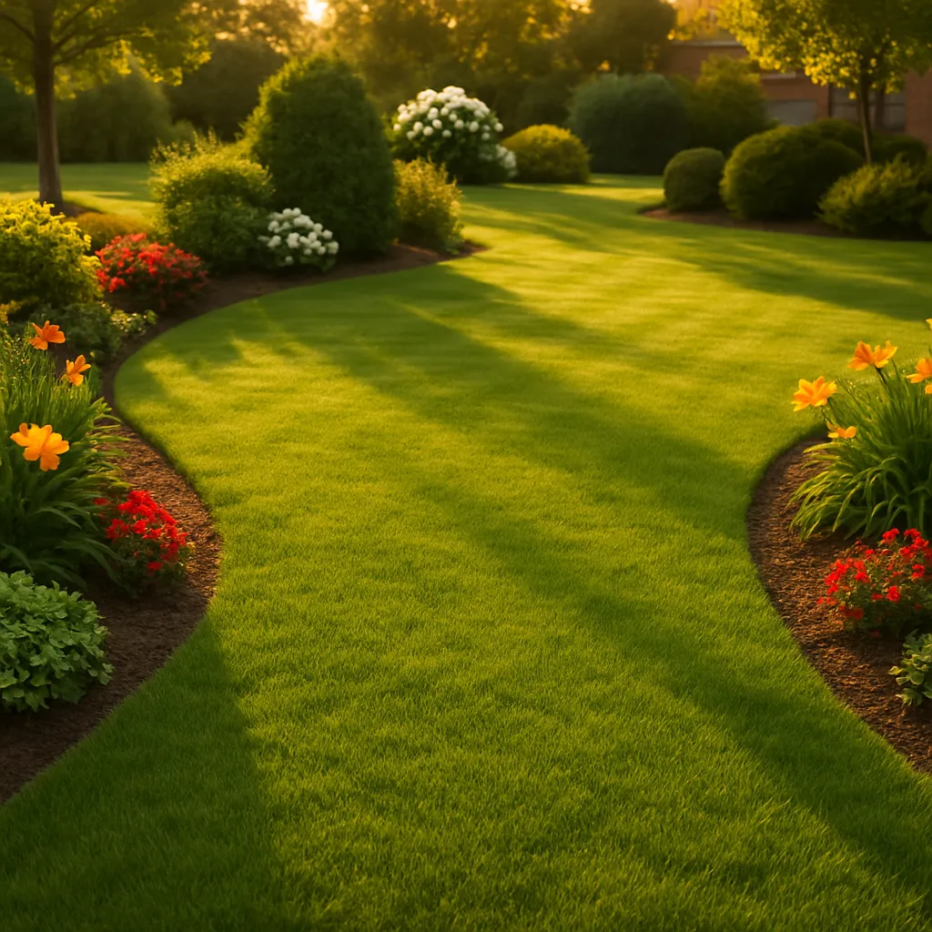 Sunny suburban lawn with green turf and flower beds