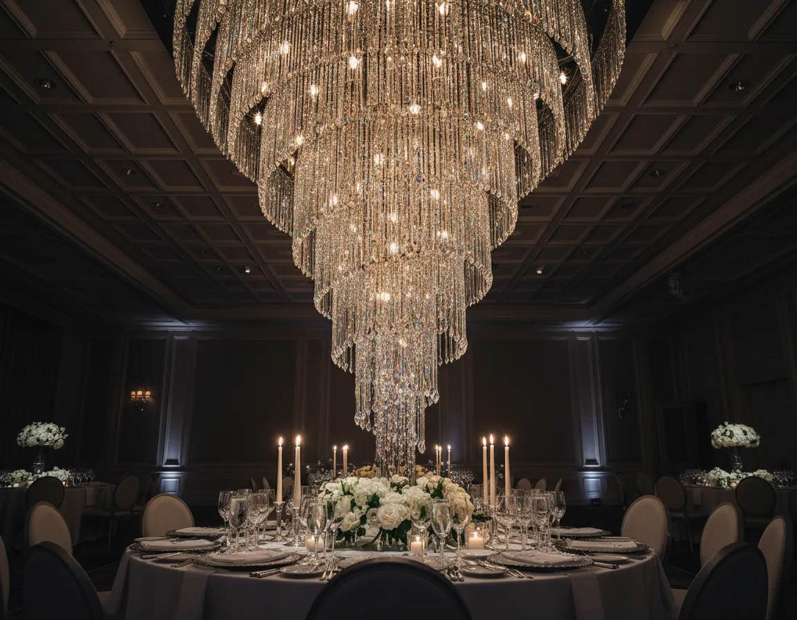 Tornado crystal ceiling drop centerpiece above Detroit wedding table