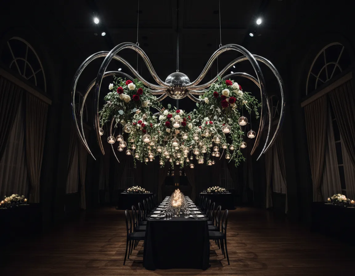 Silver spider top centerpiece installation above luxury tables Detroit