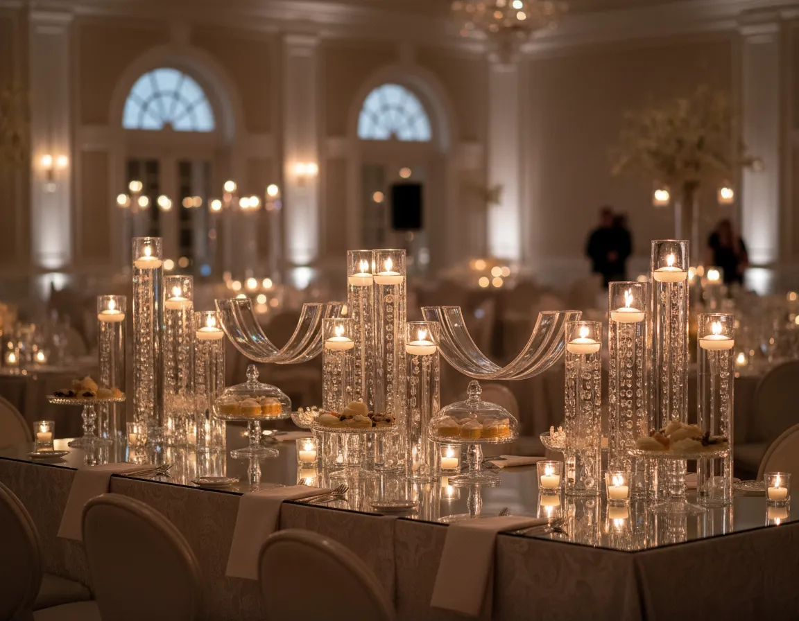 Crystal wedding table centerpiece Detroit with candelabras and floating candles