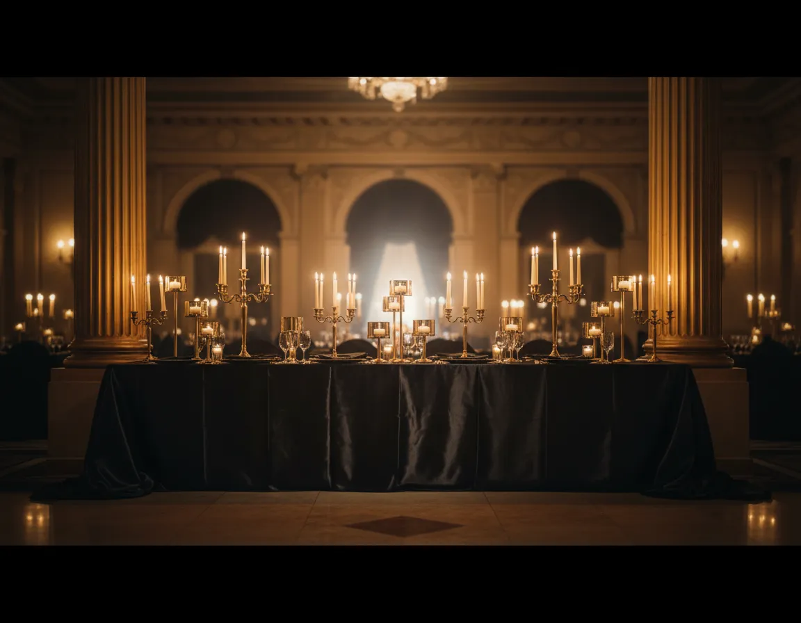 Gold candle luxury reception table Detroit with black linens