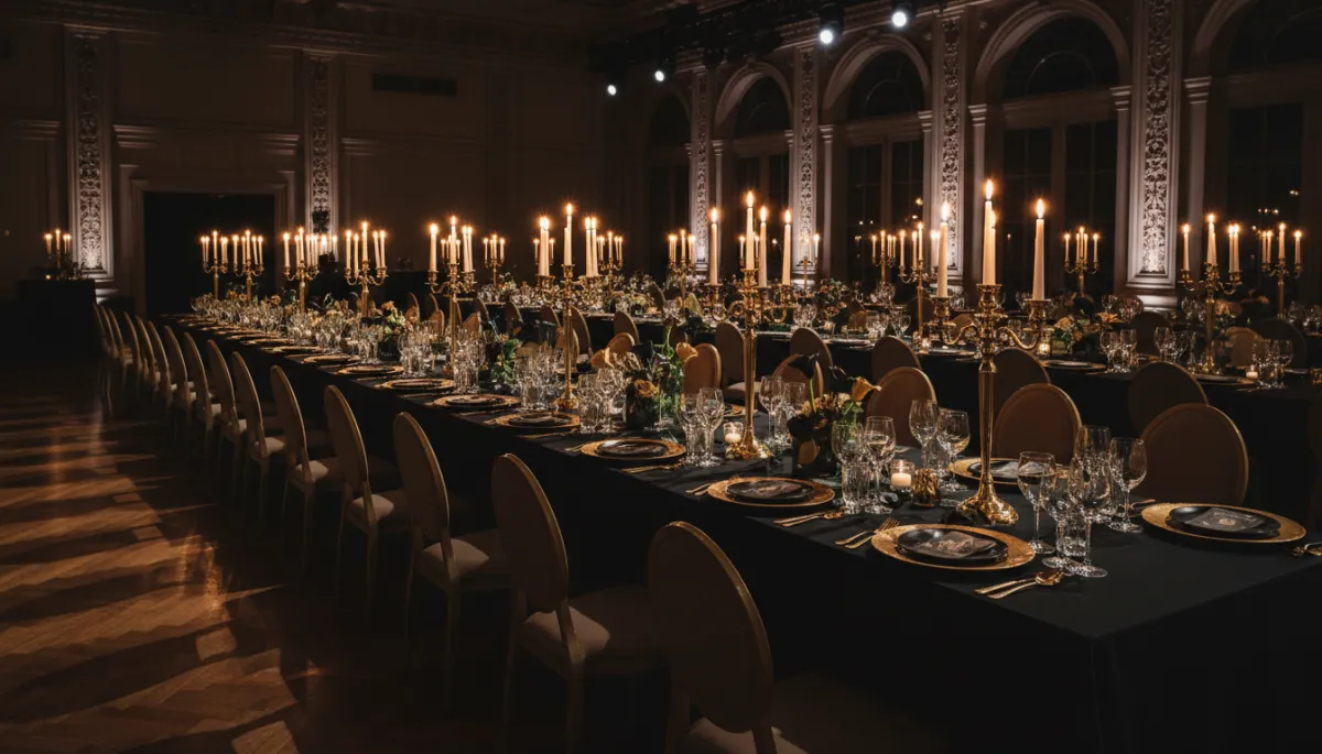 Black and gold gala centerpiece Detroit with tall candle stands