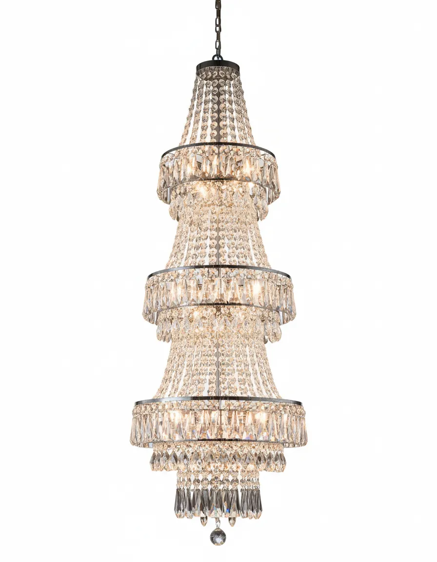 4 tier crystal chandelier rental on white background Detroit wedding lighting
