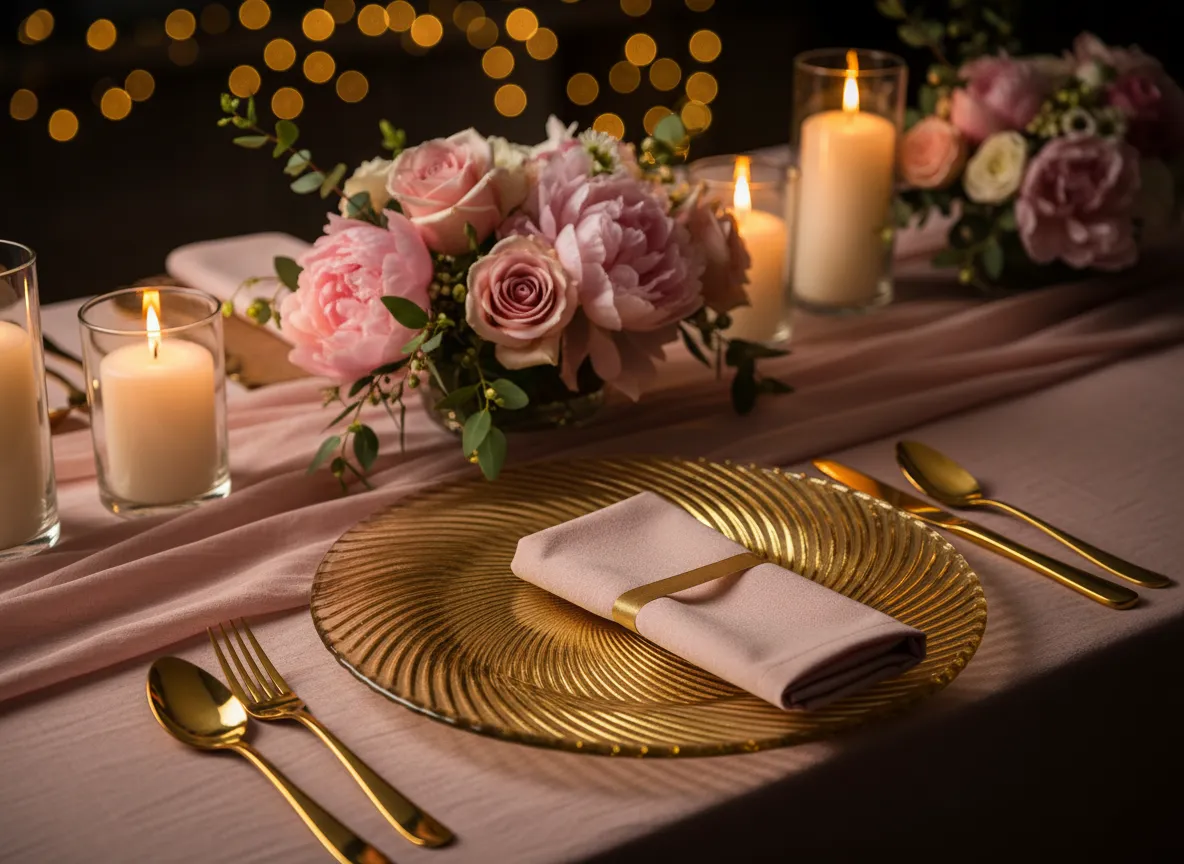 Gold glass spiral charger on luxury Detroit wedding table setting